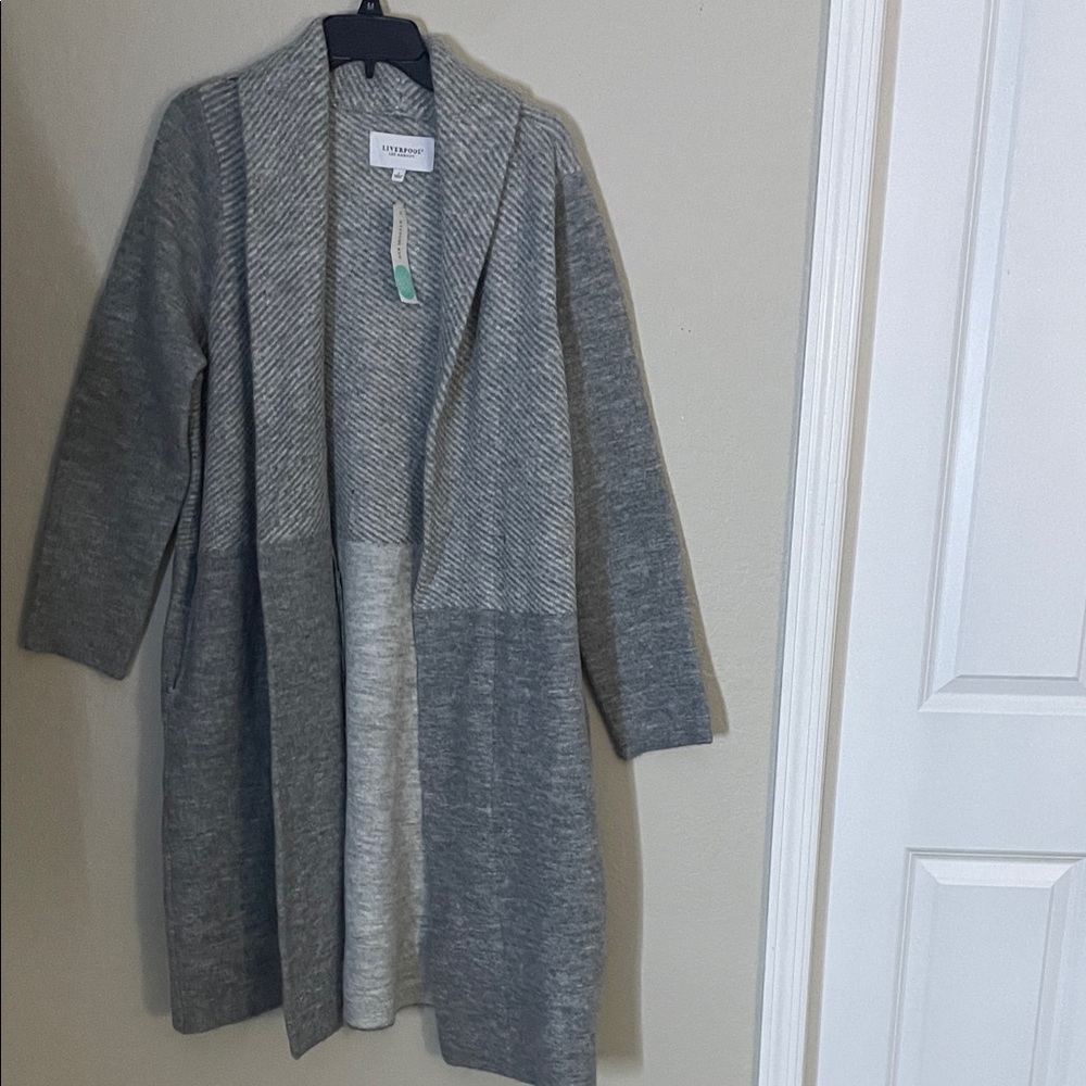 LIVERPOOL LONG SLEEVE OPEN FRONT SHAWL SWEATER COATIGAN GREY-L